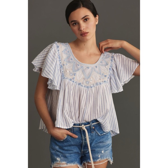 By Anthropologie Embroidered Flutter-Sleeve Top - Picture 1 of 12